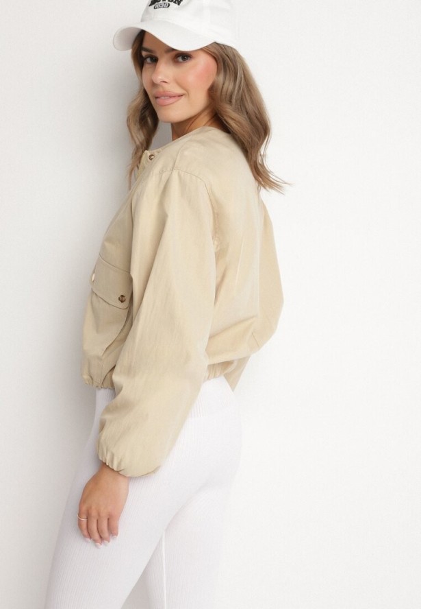 Beżowa Kurtka Koszulowa Bomberka na Napy Ronieva