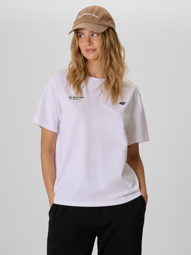 4F T-shirt loose z nadrukiem damski - biały XS