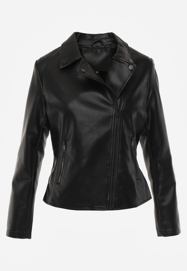 Czarna Taliowana Kurtka Ramoneska z Suwakami na Mankietach Leanelora