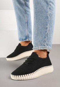 Czarne Ażurowe Sneakersy na Grubej Podeszwie z Tłoczeniem Ronele