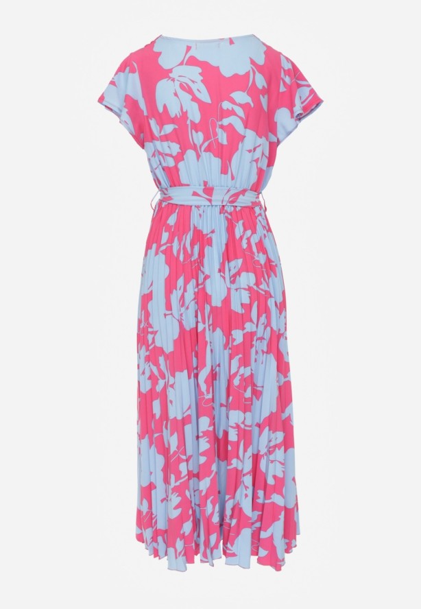 Różowo-Niebieska Kopertowa Plisowana Sukienka Koktajlowa z Gumką i Paskiem w Talii Benelsea