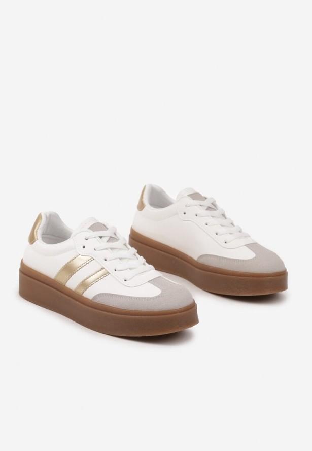 Biało-Złote Sneakersy w Stylu Kultowych Tenisówek na Grubej Podeszwie Carilne