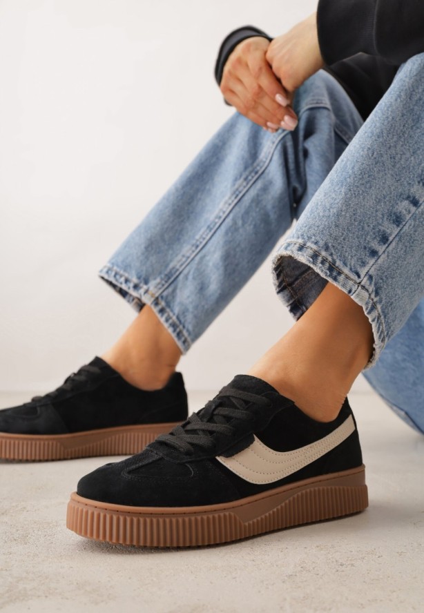 Czarne Zamszowe Sneakersy w Stylu Klasycznych Tenisówek ze Skórzaną Wkładką Riosera