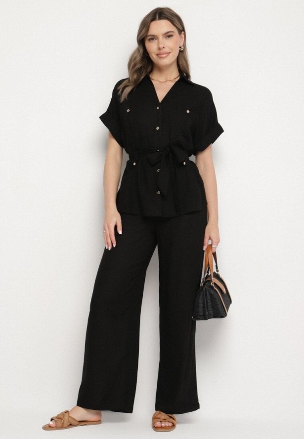 Czarny Komplet z Bawełną Koszula Ozdobiona Paskiem i Spodnie Rinosella