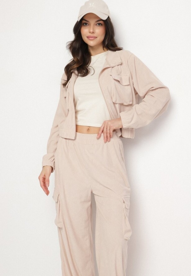 Jasnobeżowy Komplet Dresowy w Stylu Cargo Bluza ze Stójką i Szerokie Spodnie Arritarra