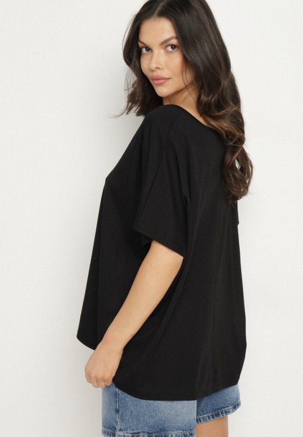 Czarny T-shirt z Wiskozą o Kroju Nietoperza Liosma