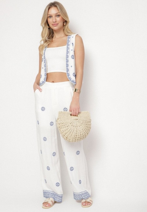 Białe Szerokie Spodnie z Lnem Wiskozą i Wysokim Stanem Ozdobione Haftem Borilna