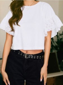 Bawełniana bluzka z koronkowymi rękawami - biały