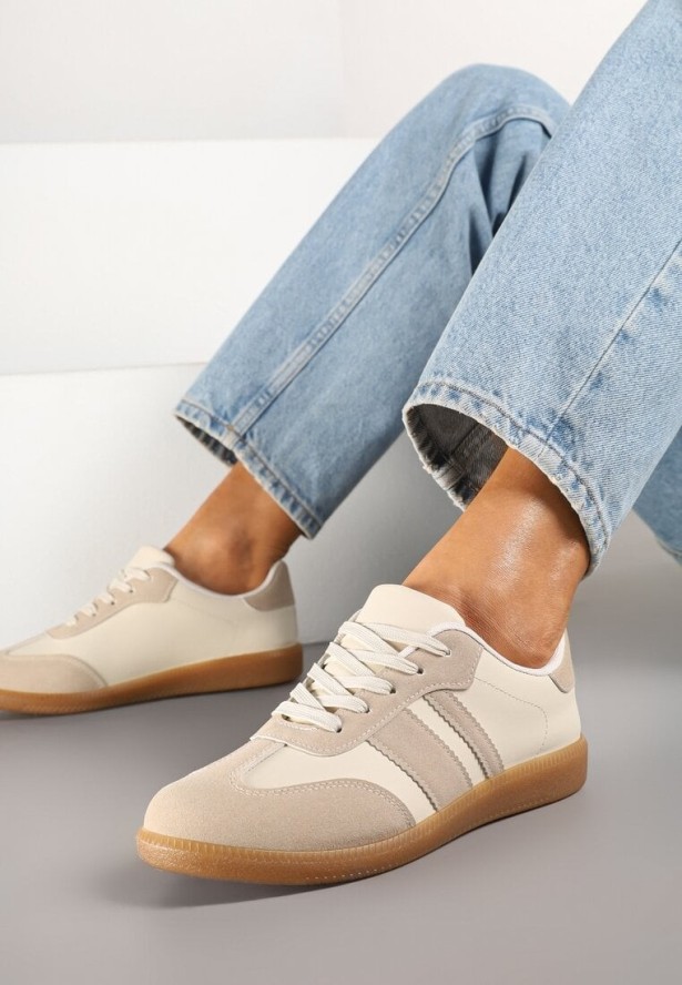Beżowo-Białe Sneakersy Tenisówki z Ozdobnymi Paskami Danavin