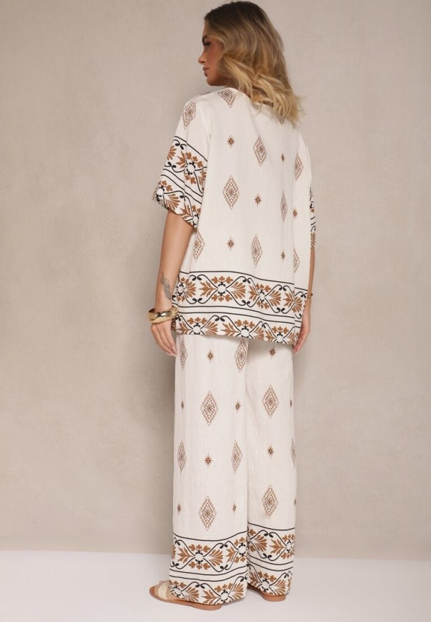 Beżowy Komplet w Stylu Boho Bluzka z Krótkim Rękawem i Luźne Spodnie Divorine
