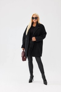 Czarny damski płaszcz Isabella z tkaniny bukla - elegancja i komfort PLUS SIZE XXL OVERSIZE JESIEŃ
