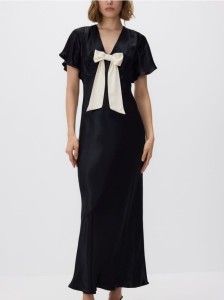Satynowa sukienka z kokardą - czarny
