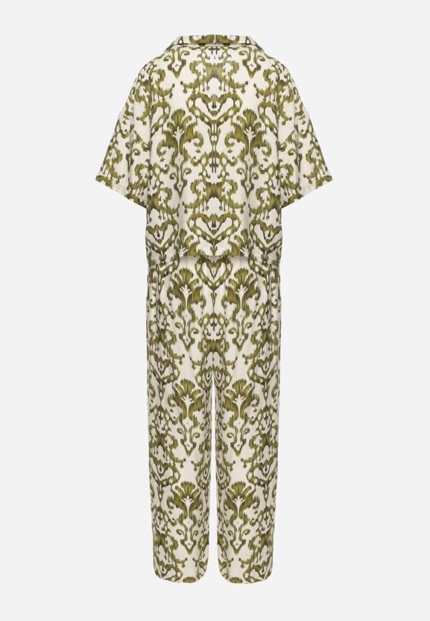 Ciemnozielony Komplet z Wiskozy w Ornamentalny Wzór Koszula i Spodnie Evialirae