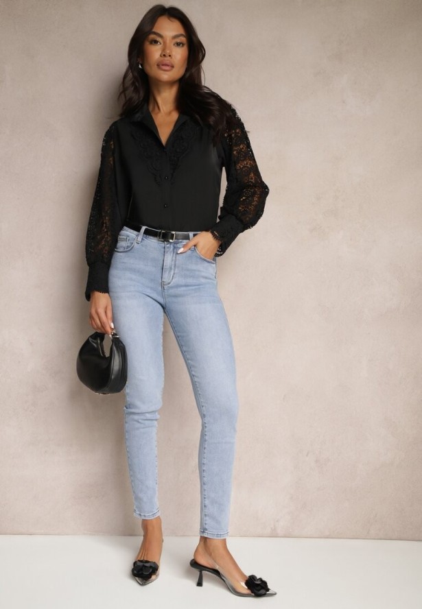 Czarna Koronkowa Koszula ze Stójką Sariviel