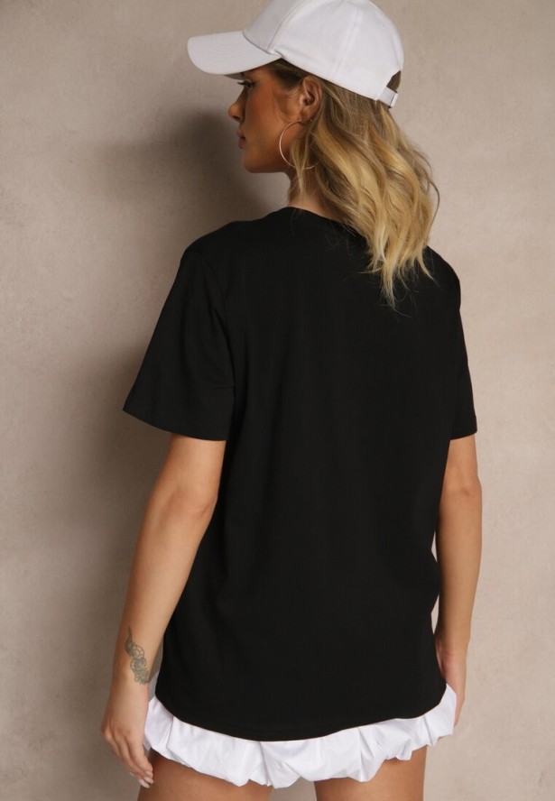 Czarny Bawełniany T-shirt z Ozdobnym Nadrukiem i Cyrkoniami Teomala