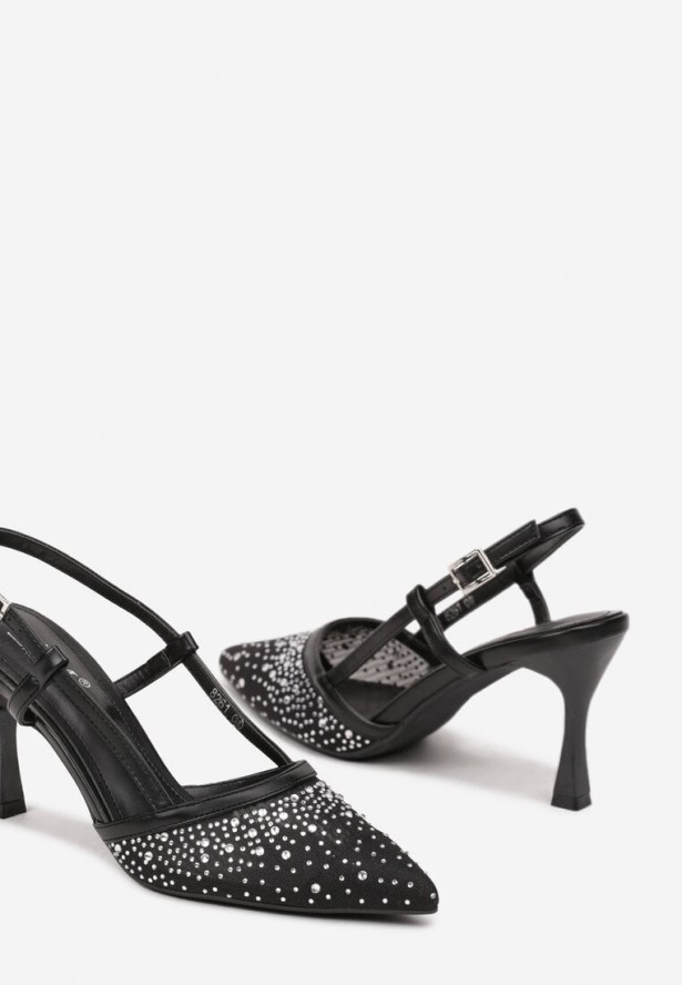 Czarne Czółenka na Obcasie z Odkrytą Piętą Zdobione Cyrkoniami Jenamia