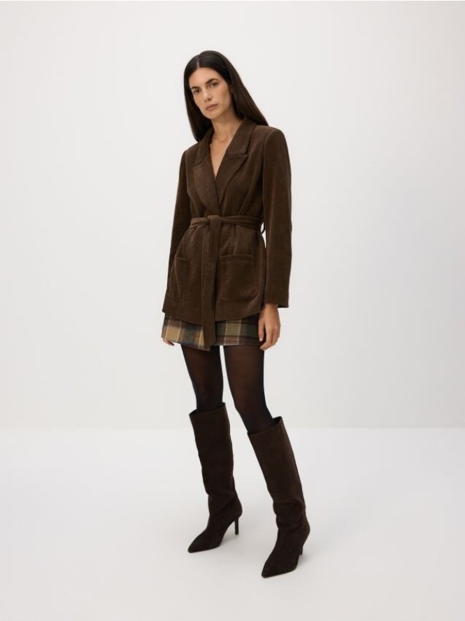 Sztruksowa marynarka z wiązaniem - ciemnobrązowy