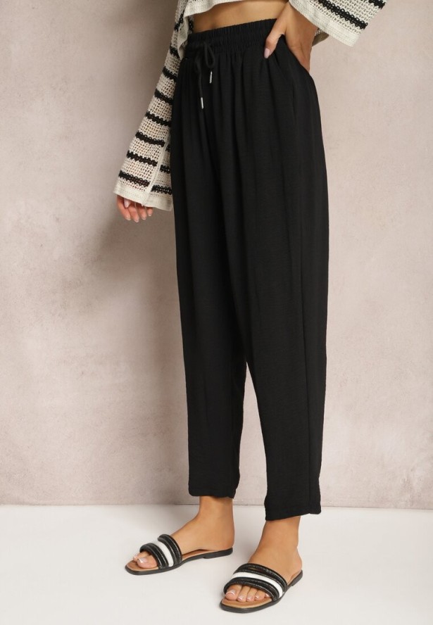 Czarne Spodnie o Luźnym Fasonie ze Sznurkiem i Gumką w Talii Enivea