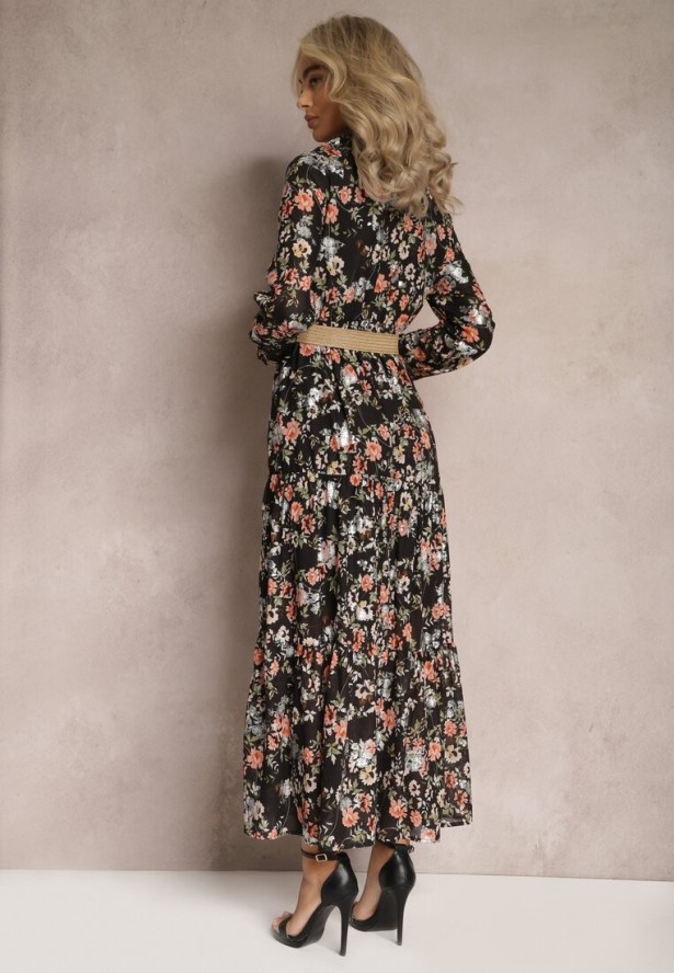 Czarna Sukienka Maxi z Plecionym Paskiem i Gumką w Talii w Kwiaty Elanisa