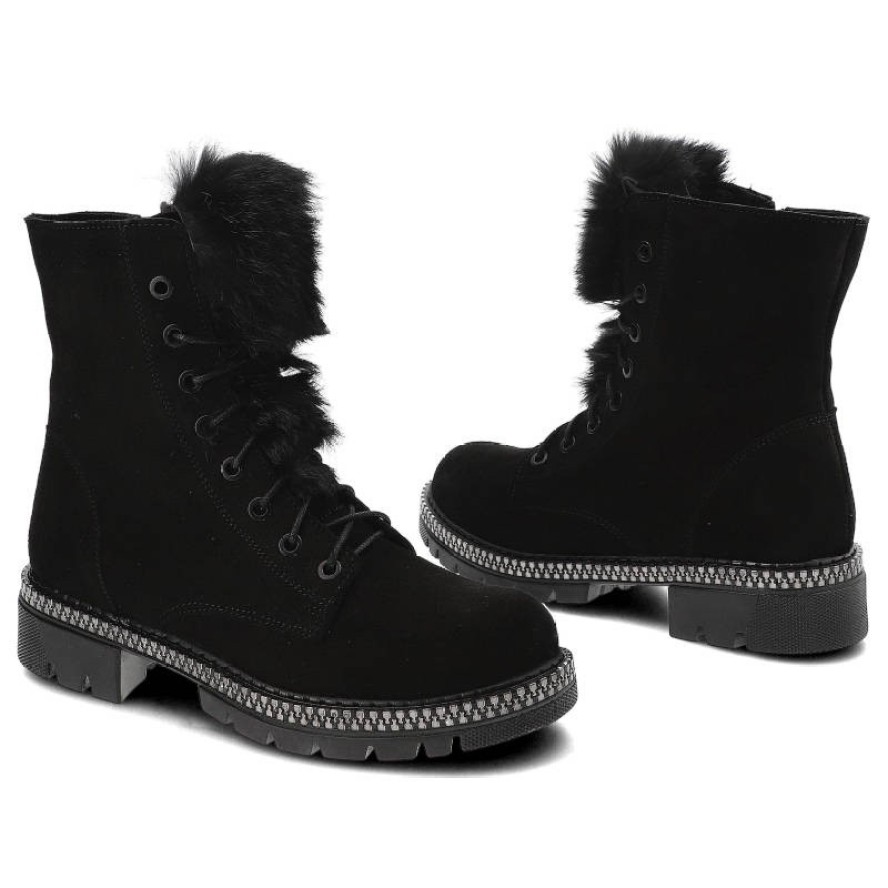 Czarne Botki Pollonus Skórzane Ocieplane Buty Damskie