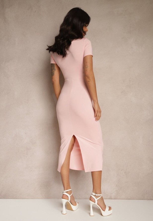 Różowa Sukienka Bodycon o Dopasowanym Kroju z Dekoltem w V Efrerina