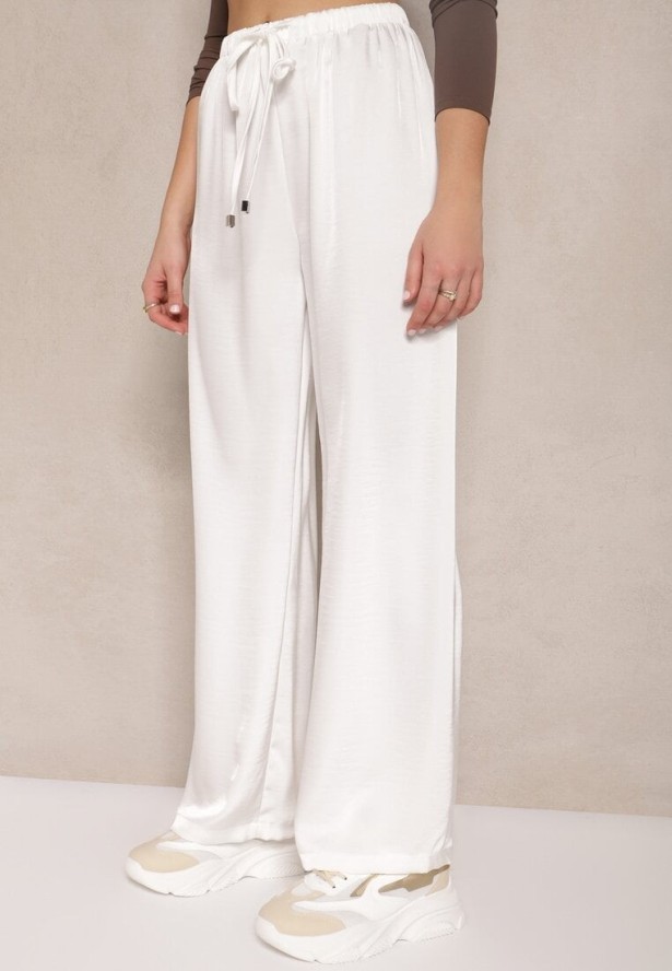 Białe Spodnie o Szerokim Kroju z Wiskozą High Waist z Wiązaniem Jerisia
