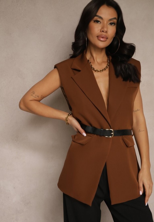 Brązowa Kamizelka Oversize w Garniturowym Stylu z Guzikiem i Paskiem z Klamrą Galazia