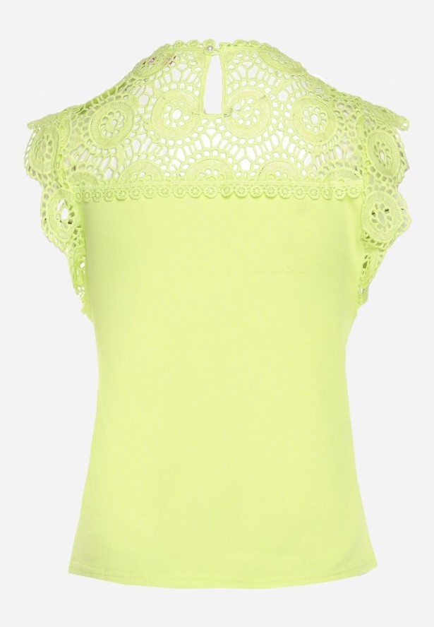 Zielona Bawełniana Bluzka z Koronkowym Zdobieniem przy Dekolcie Fevarelle