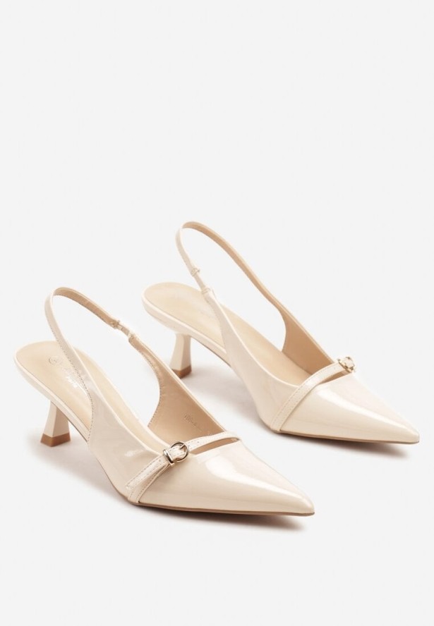 Jasnobeżowe Lakierowane Sandały na Kaczuszce z Noskiem w Szpic Amizu