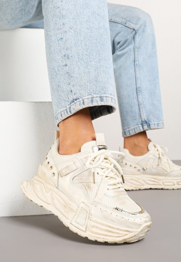 Beżowe Sneakersy na Grubej Tłoczonej Podeszwie Lurimara