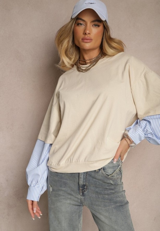 Beżowa Bawełniana Bluzka Ozdobiona Koszulowymi Rękawami w Paski Milseli