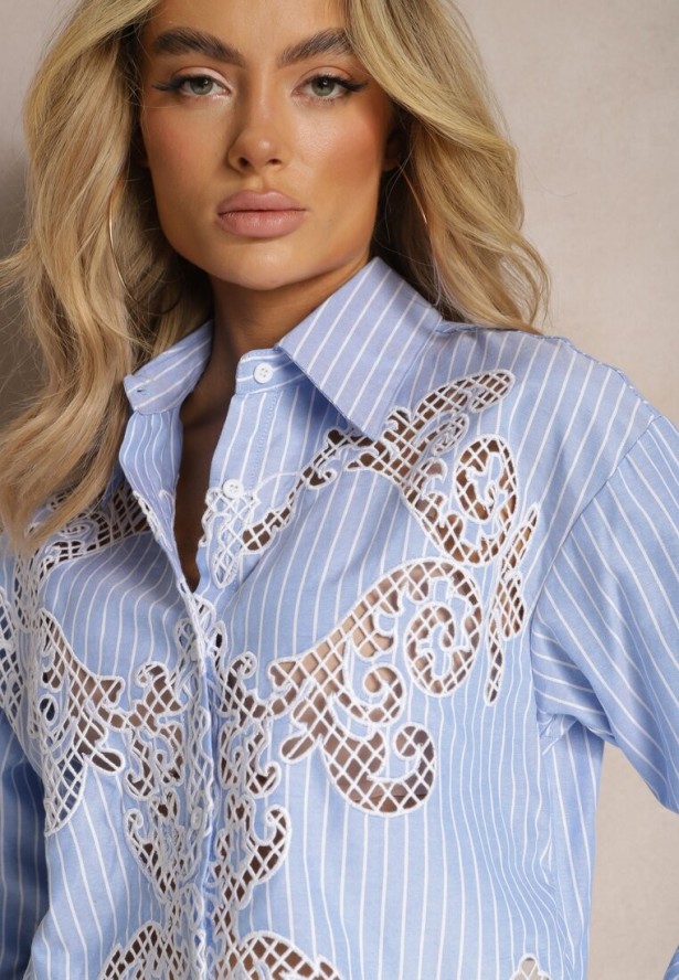 Niebieska Krótka Koszula z Bawełny Ozdobiona Ażurowymi Wstawkami Nunora