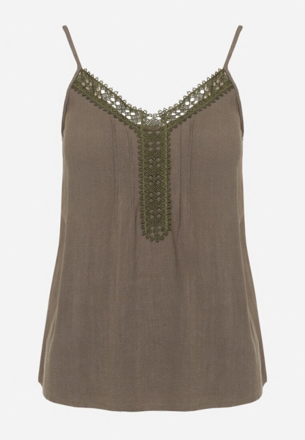 Ciemnozielony Top z Lnem i Wiskozą Ozdobiony Koronką Semindira