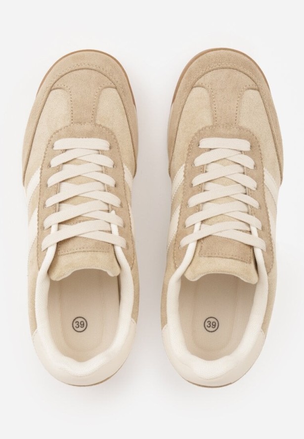 Beżowe Sneakersy Ozdobione z Boku Paskami Ariene