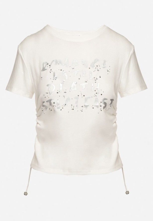 Biały T-shirt z Bawełny z Ozdobnym Nadrukiem Troczkami i Cyrkoniami ilretia