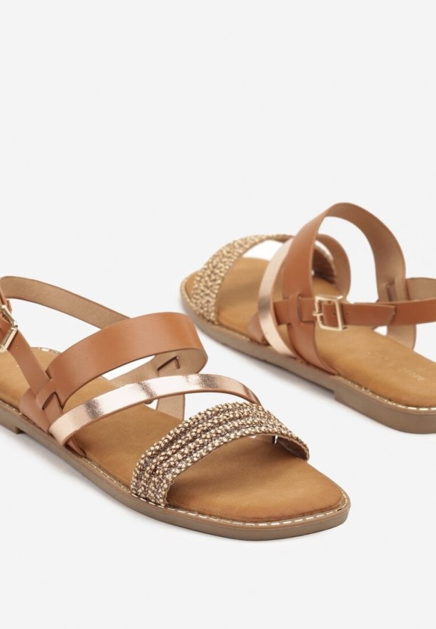 Brązowo-Złote Sandały Zdobione Metalicznym Paseczkiem i Cyrkoniami Nuridira