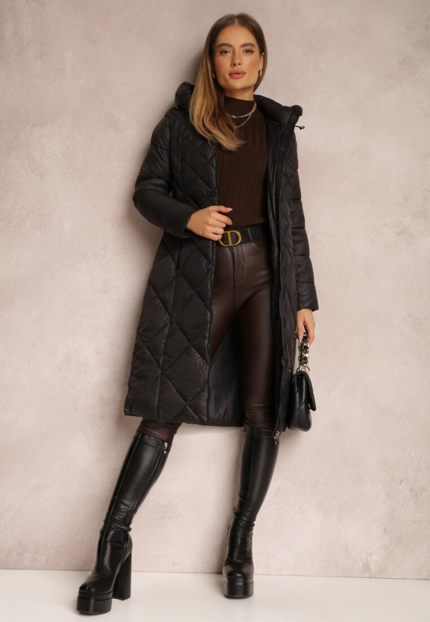 Czarna Kurtka za Kolano Pikowana Fipha