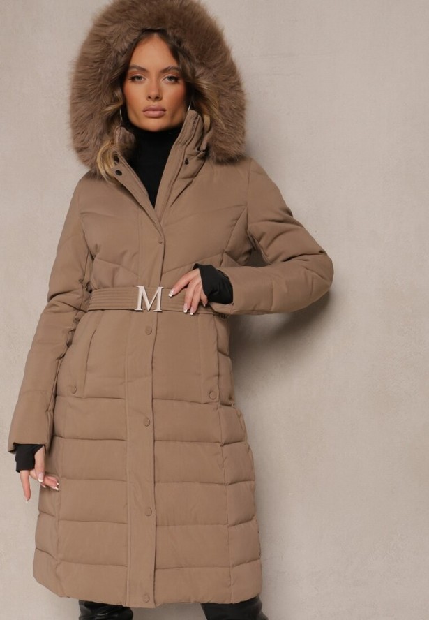 Ciemnobeżowa Kurtka z Odpinanym Futerkiem Taliowana o Długim Fasonie Delavira