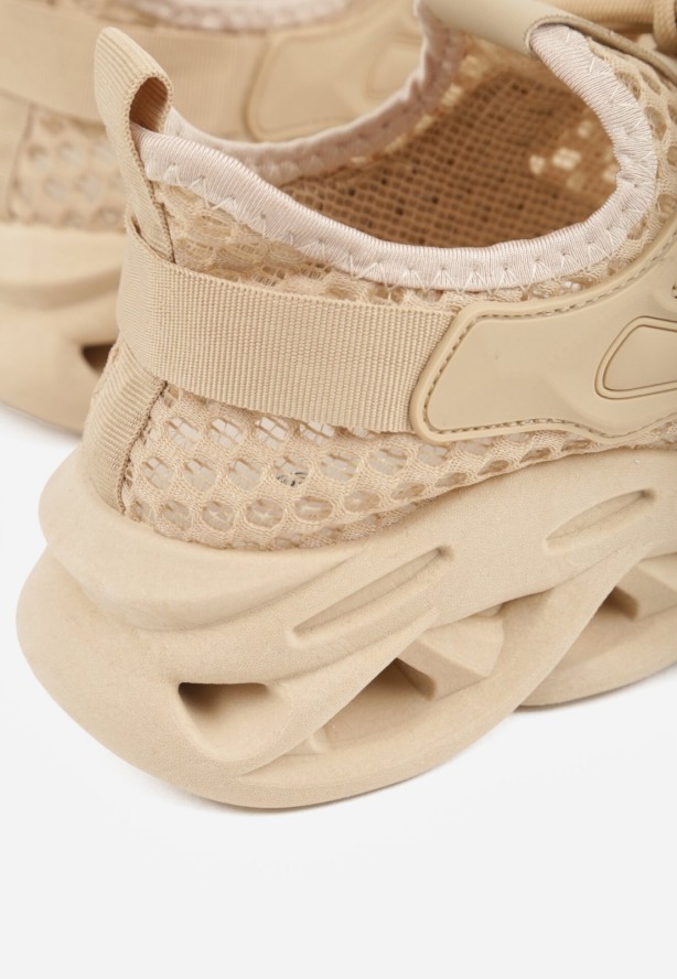 Ciemnobeżowe Siateczkowe Buty Sportowe Sneakersy na Grubej Tłoczonej Podeszwie Telarienna