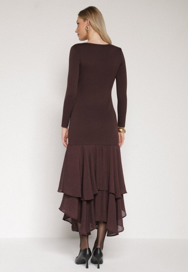 Brązowa Sukienka z Wiskozą o Dopasowanym Kroju z Falbanami u Dołu Vebmara