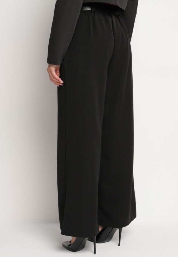 Czarne Garniturowe Spodnie z Wiskozą o Szerokim Kroju z Paskiem Ravilis