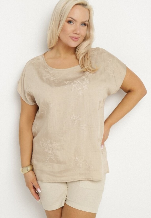 Beżowa Bluzka z Krótkim Luźnym Rękawem Mepola