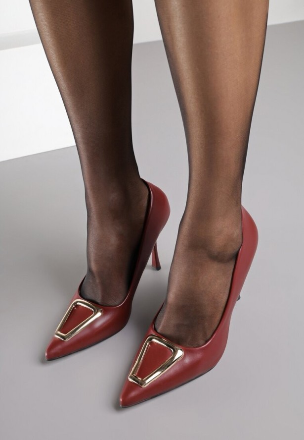 Bordowe Szpilki Vices z Wkładką ze Skóry Naturalnej Ozdobione Klamrą Miava