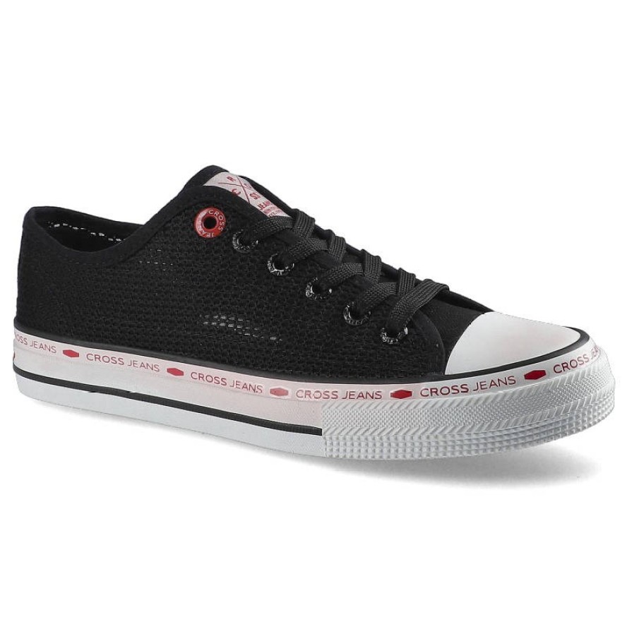 Trampki damskie Cross Jeans, z materiałowej przewiewnej siateczki tekstylnej z sznurowaniem oraz gumową płaską podeszwą, czarne, FF2R4015C
