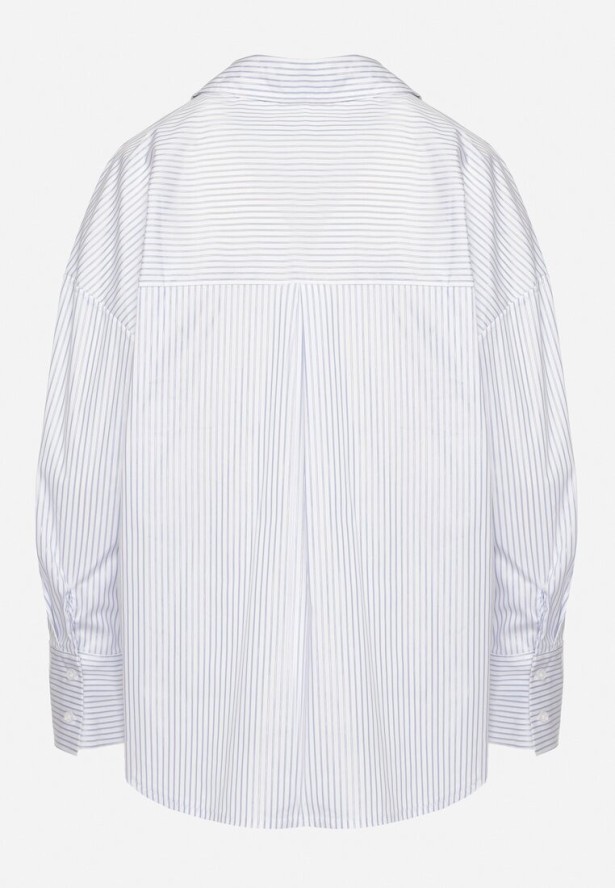 Niebieska Bawełniana Koszula Oversize w Prążki Zdobiona Metaliczną Nicią Paserella