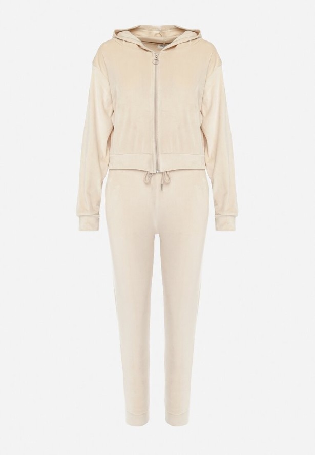 Beżowy Welurowy Komplet Dresowy Bluza z Kapturem i Spodnie Petyra
