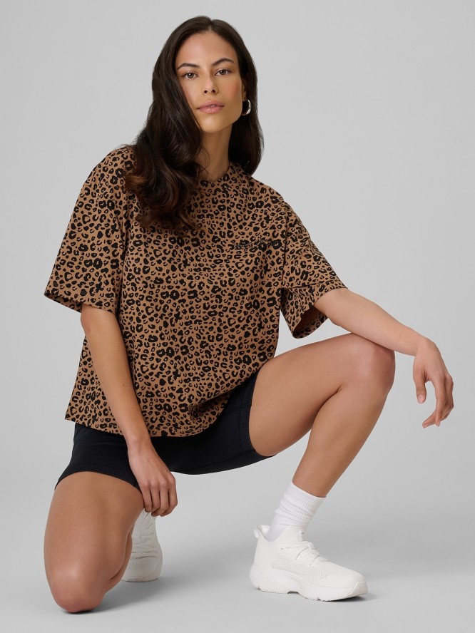 4F T-shirt loose z nadrukiem damski - brązowy S