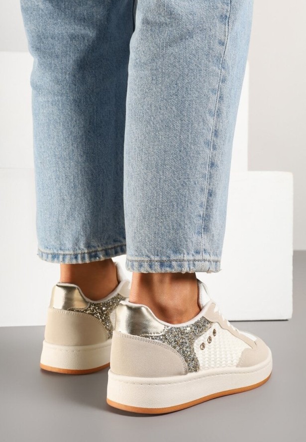 Beżowe Sneakersy z Ozdobnymi Przeszyciami w Streetwearowym Stylu Neoniela