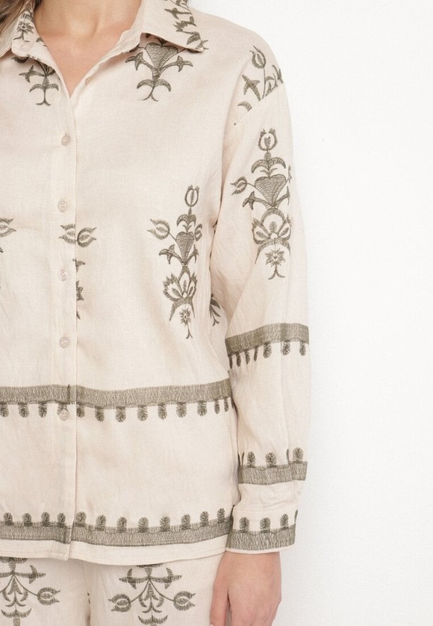 Beżowy Komplet z Wiskozy w Stylu Boho Koszula i Spodnie Zdobione Haftem Sarhiris