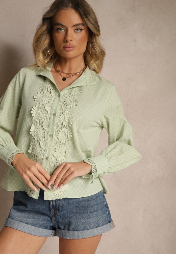 Zielona Koszula z Koronką i Kołnierzem Ranamas